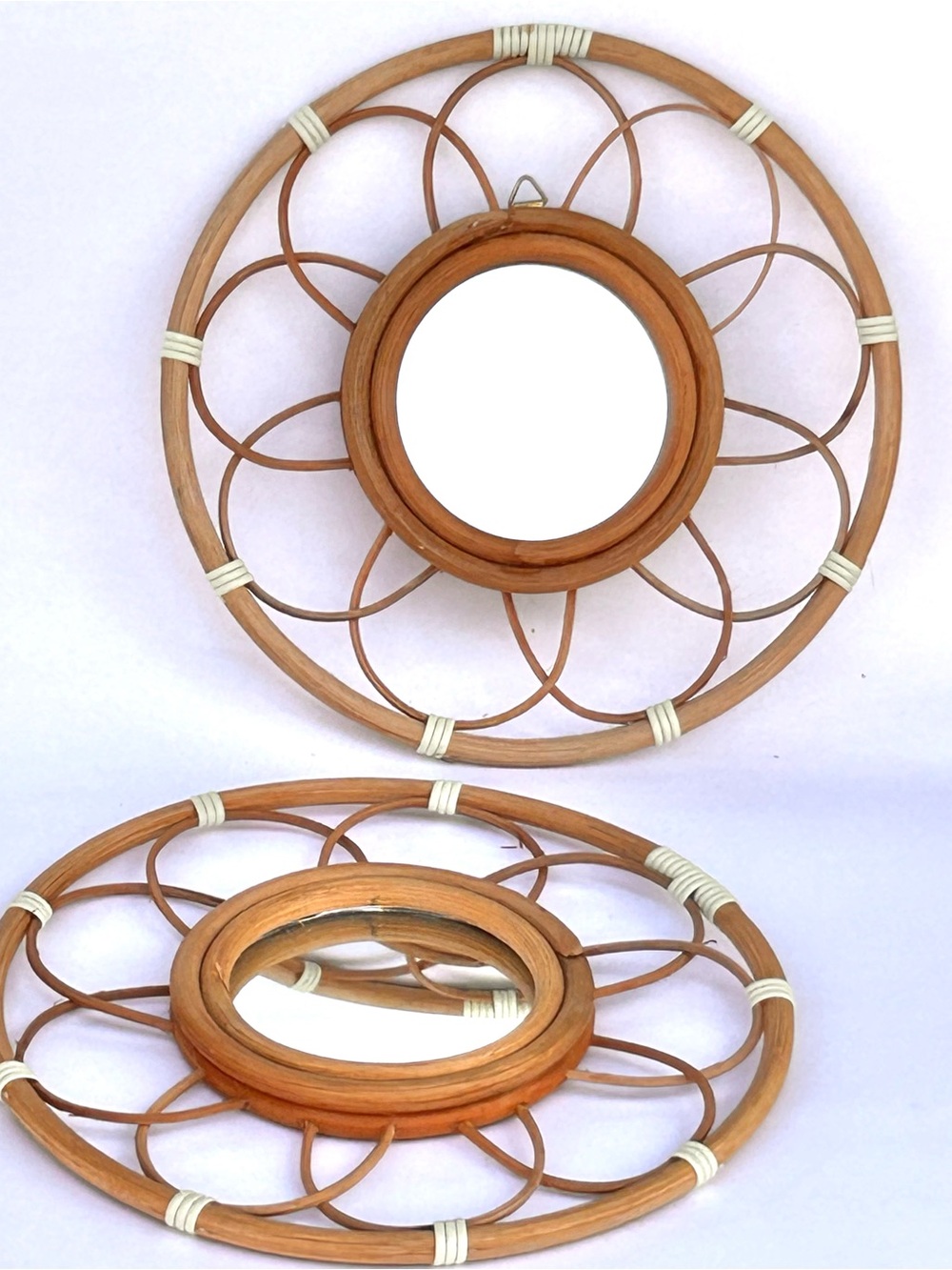 Natural Rattan Round Wall Mirrors Set of Two 1970’s Vintage Boho